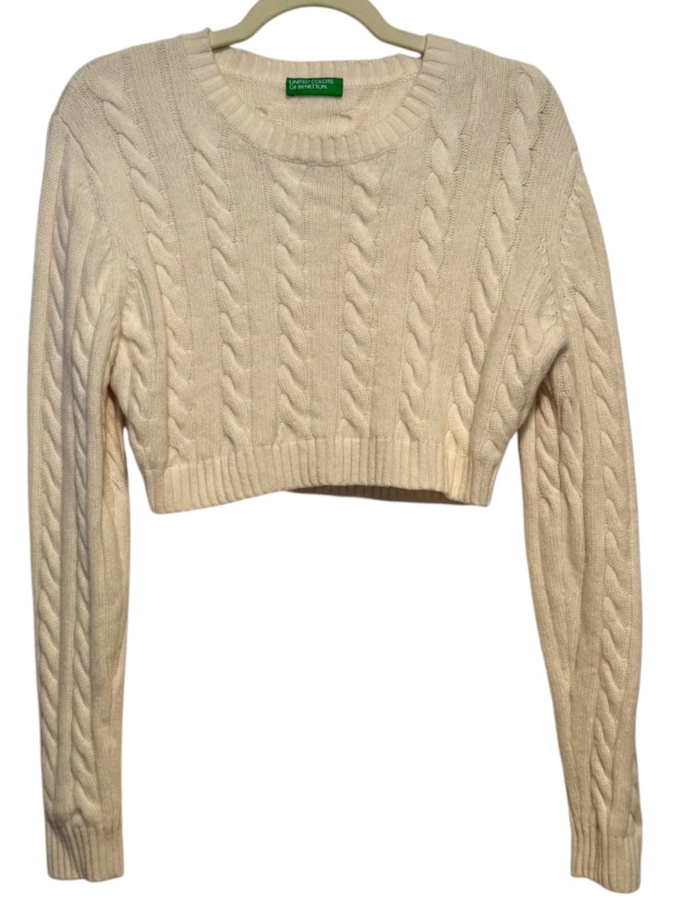 United Colors Of Benetton Wool Blend Cable Knit Cropped Sweater Size Large Cream